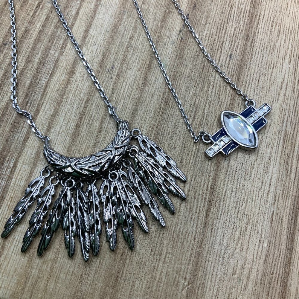 Lia Sophia Bundle Blue & Rhinestone Pendant & Featherston Silver Tone Necklace